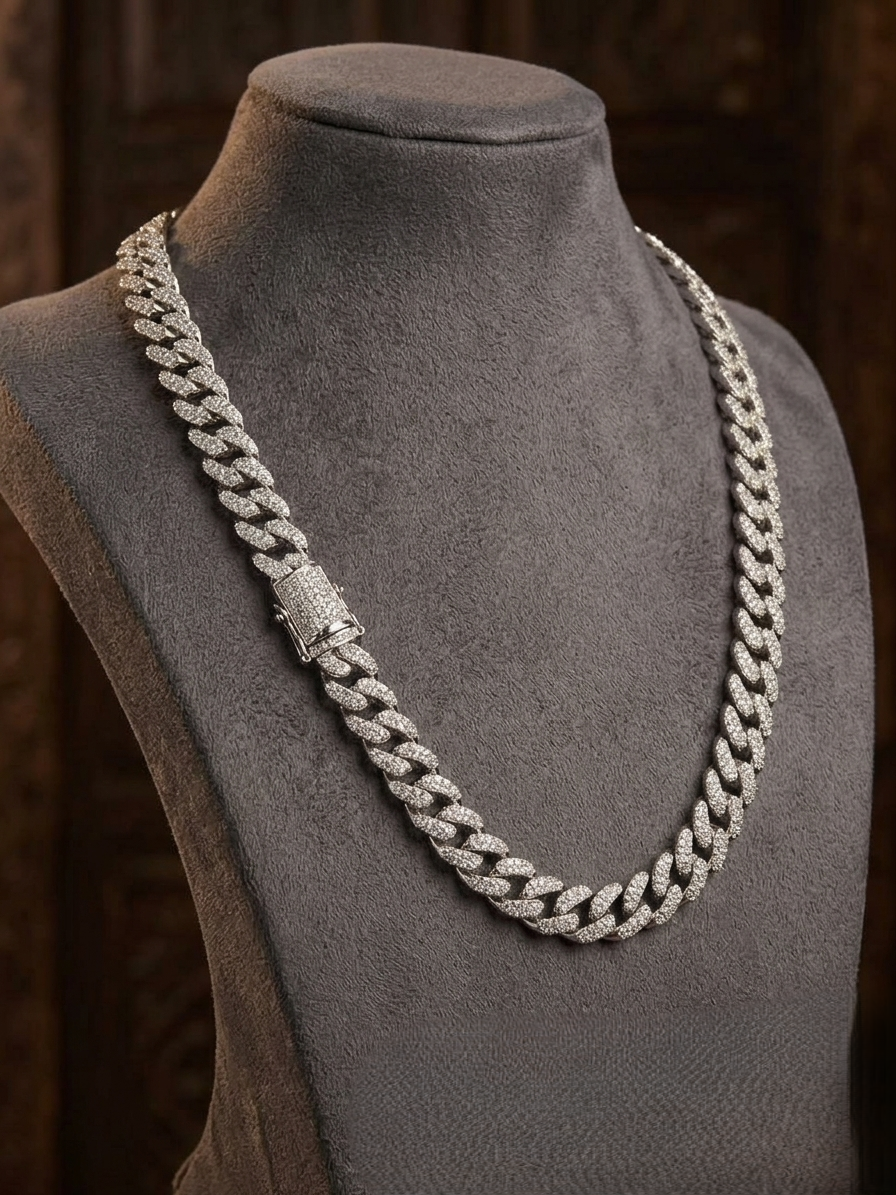 Unisex Silver Iced Cuban Link Chain