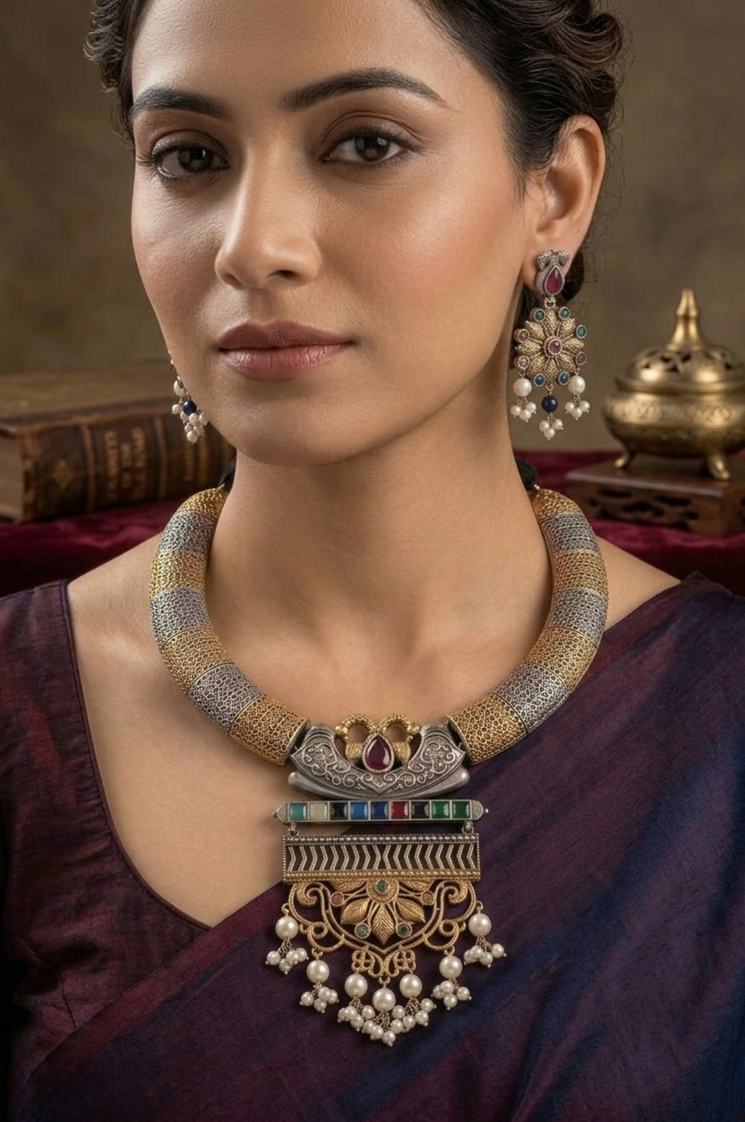 Antique Multicolor Temple Necklace Set with Earrings