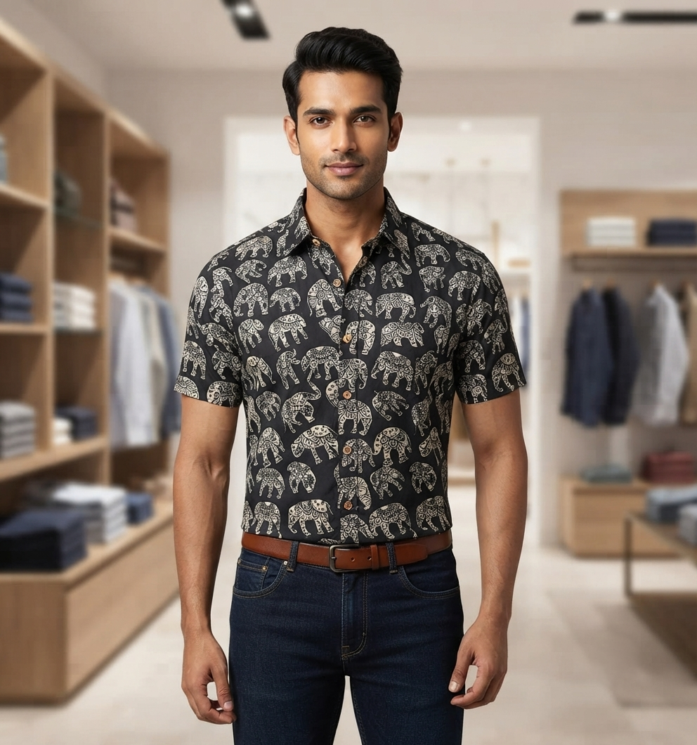 Men's Black Elephant Print Cotton Half Sleeve Shirt