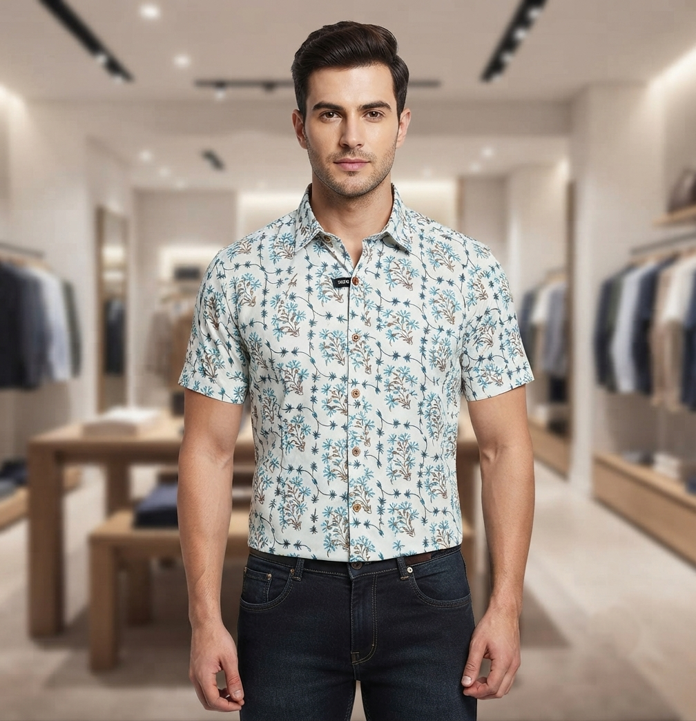 Sky Blue Floral Cotton Shirt