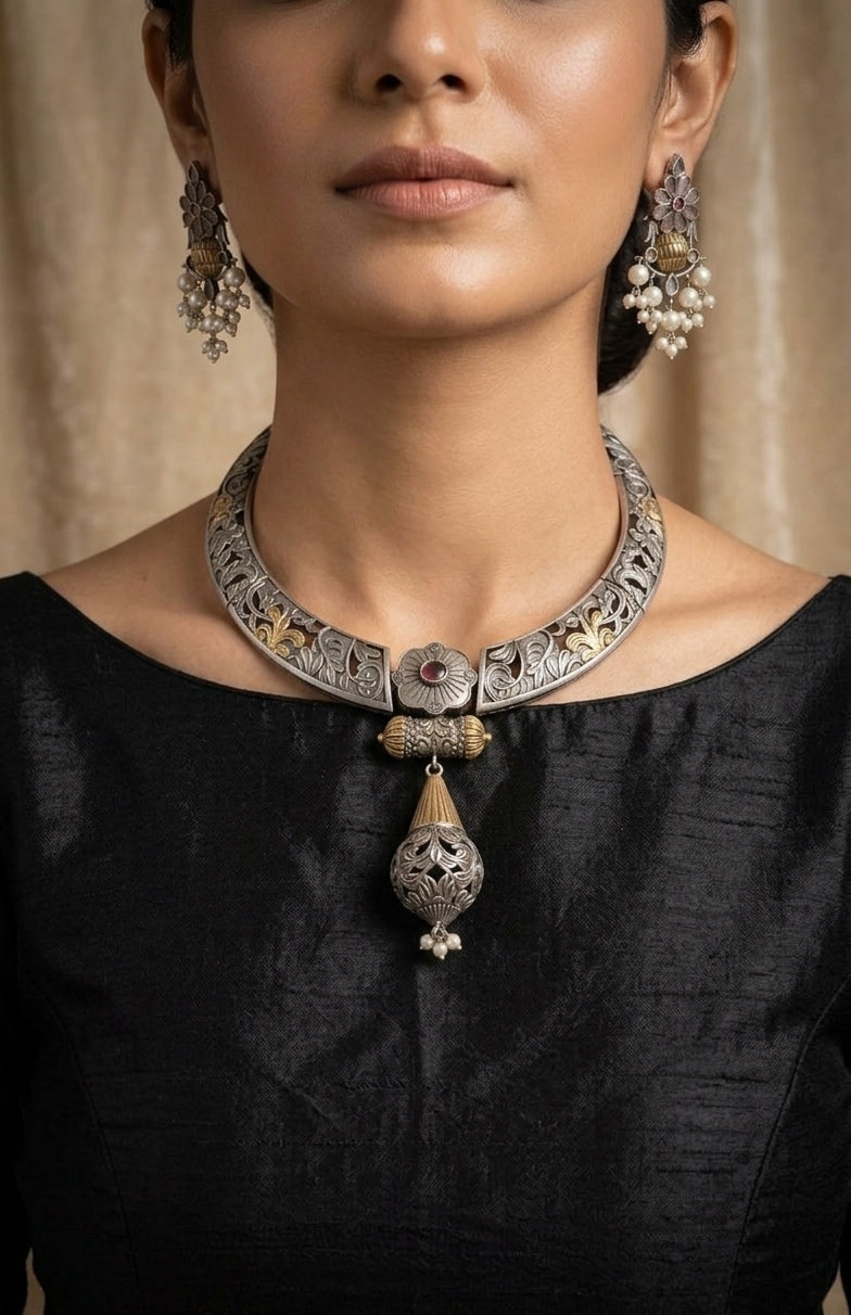 Antique Floral Oxidised Necklace Set