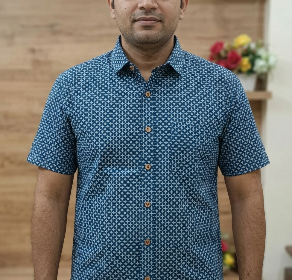Men's Cotton Half Sleeve Geometric Printed Shirt – Blue & White