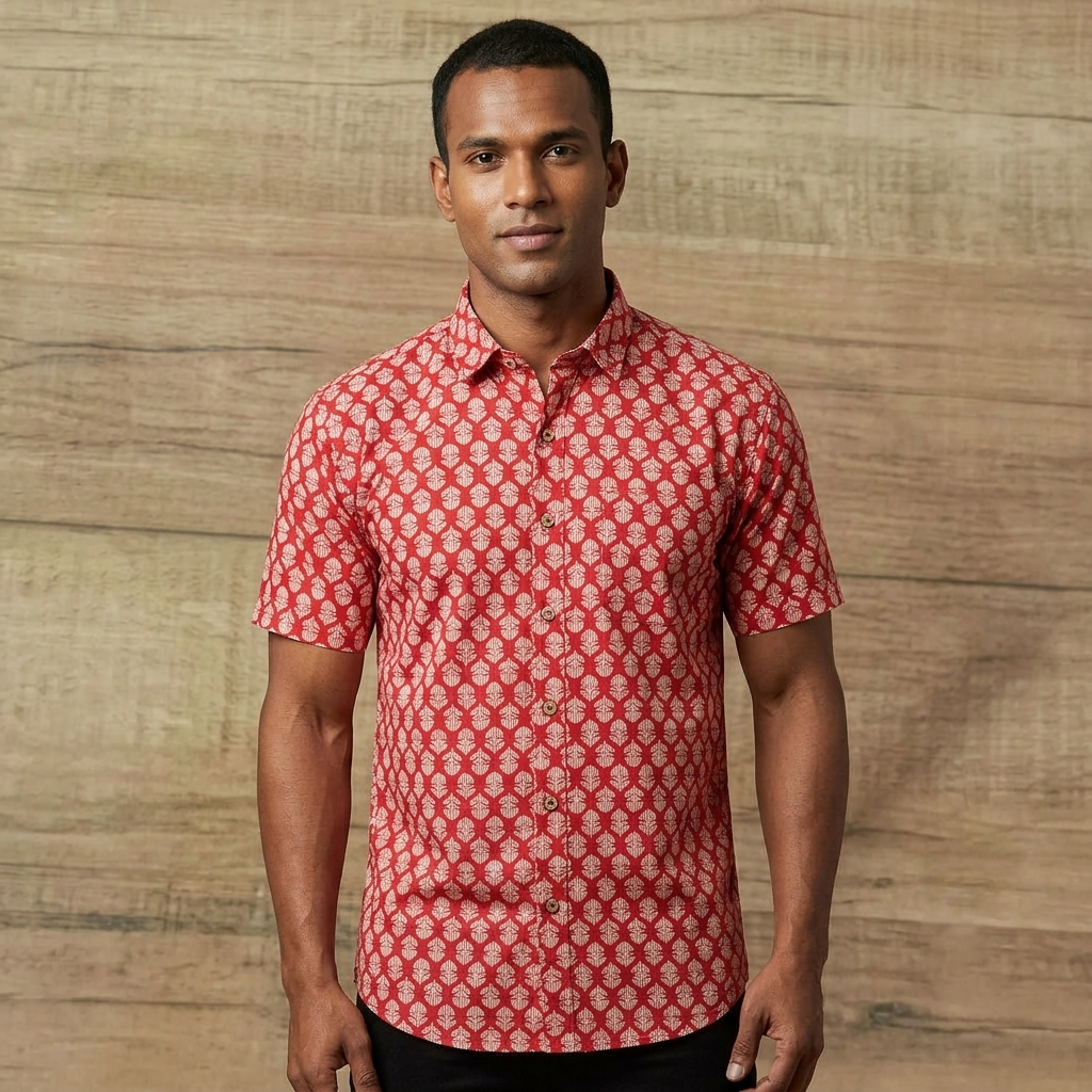 Men's Cotton Half Sleeve Printed Shirt – Red & White Floral