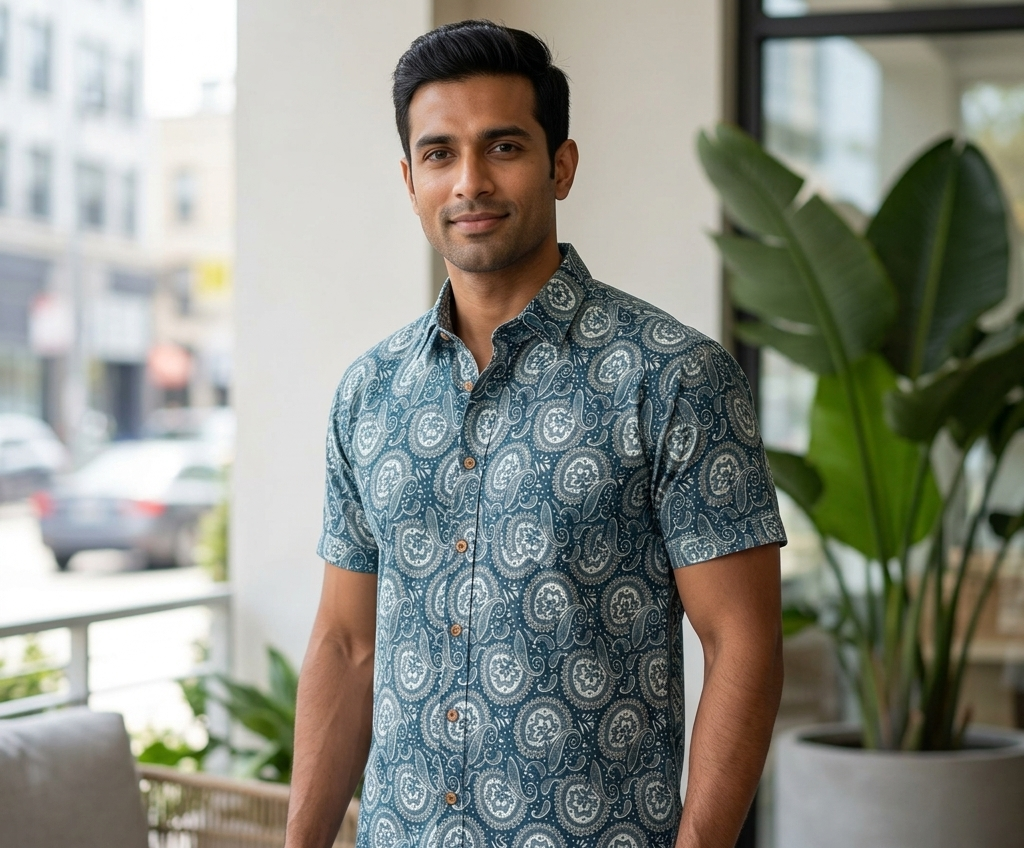 Men's Cotton Half Sleeve Paisley Printed Shirt – Charcoal Grey