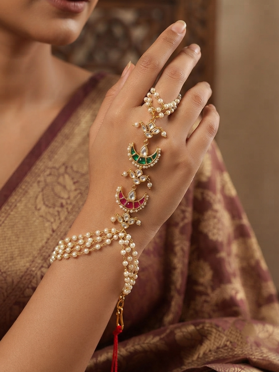 Pearl Kundan Hathphool Bracelet