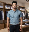 Men's Sky Blue Cotton Printed Half Sleeve Shirt