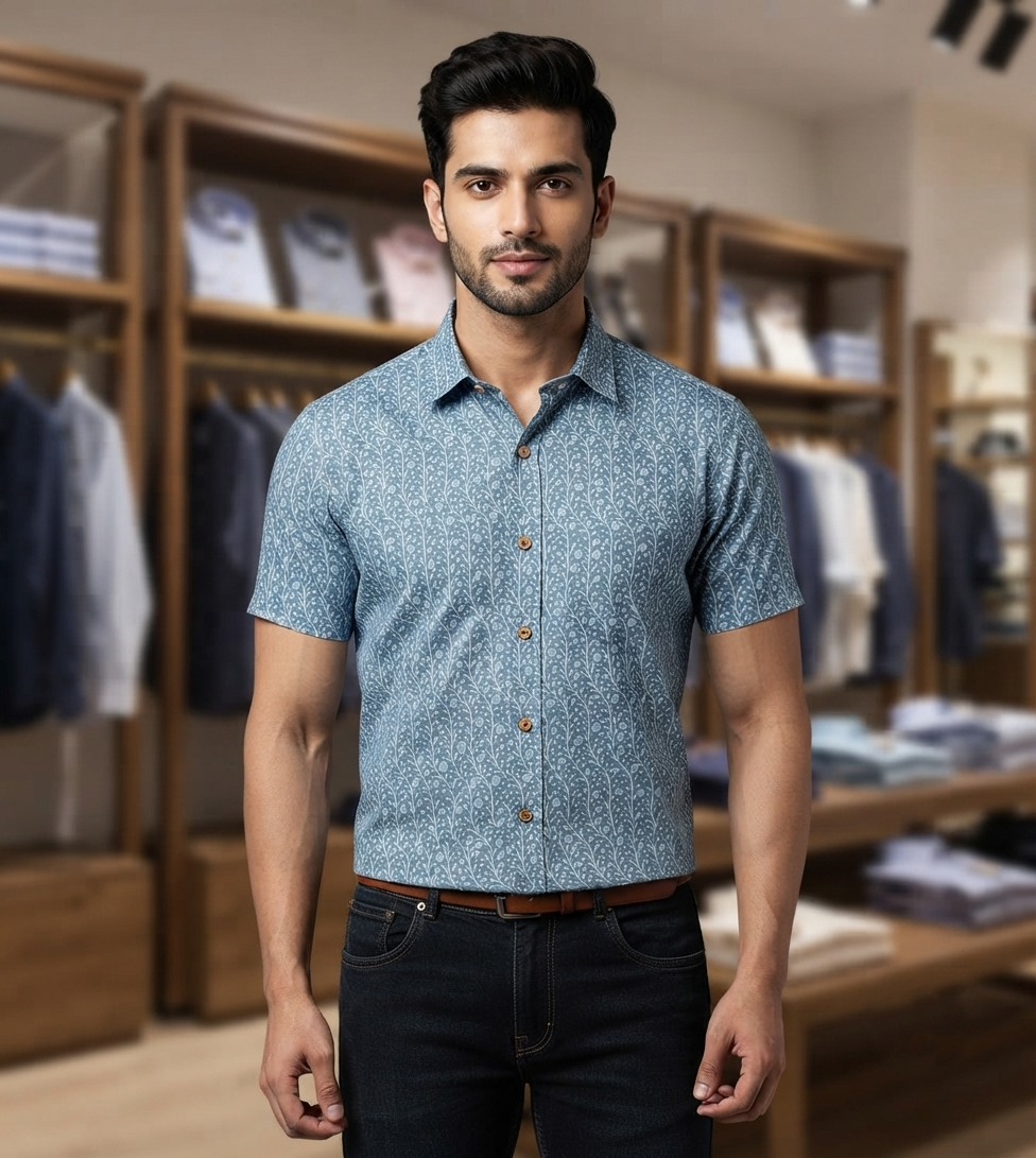 Men's Sky Blue Cotton Printed Half Sleeve Shirt