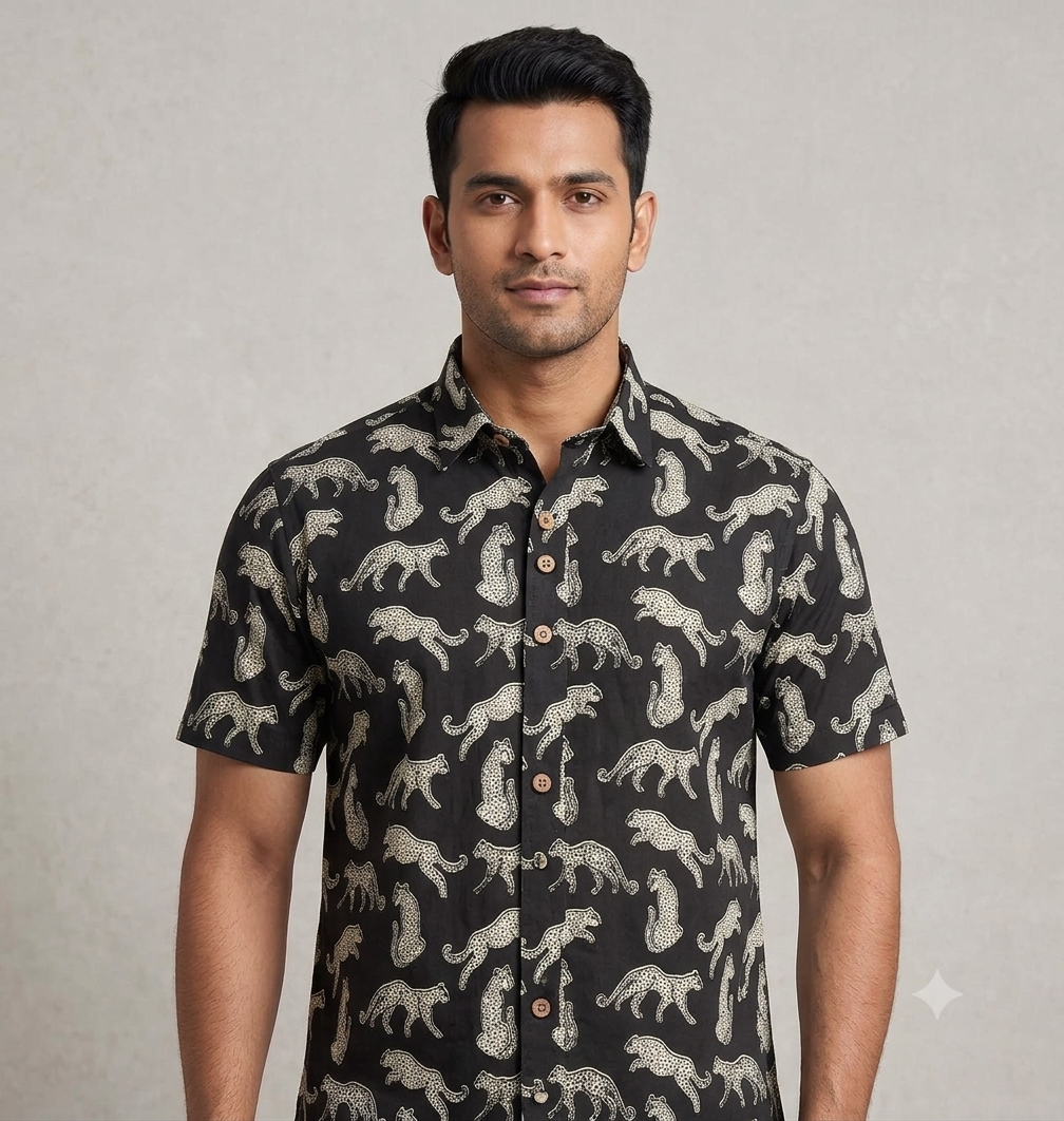 Men's Black Leopard Print Cotton Half Sleeve Shirt
