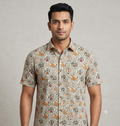 Men's White Tribal Print Cotton Half Sleeve Shirt