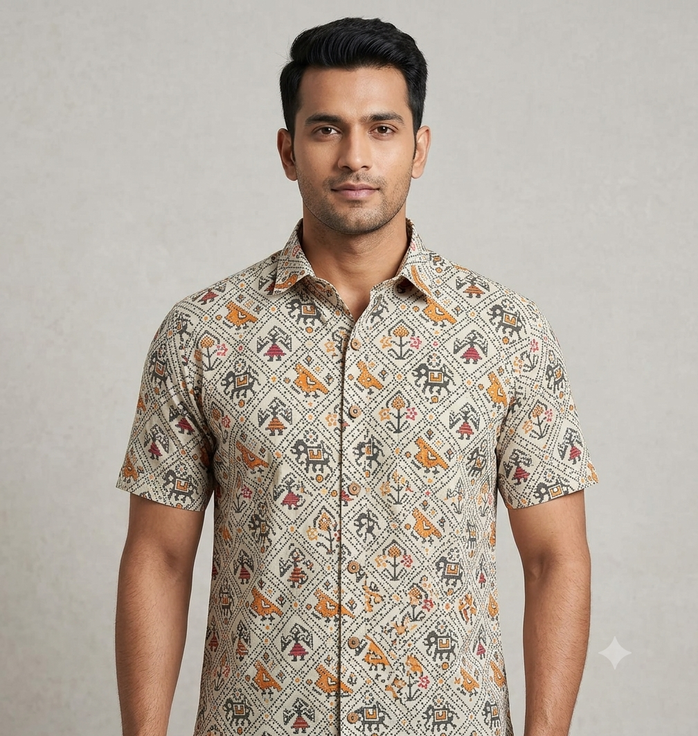 Men's White Tribal Print Cotton Half Sleeve Shirt