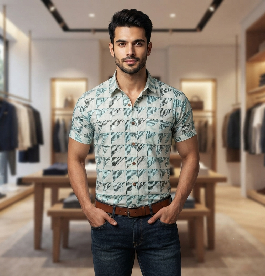 Men's White Geometric Print Cotton Half Sleeve Shirt