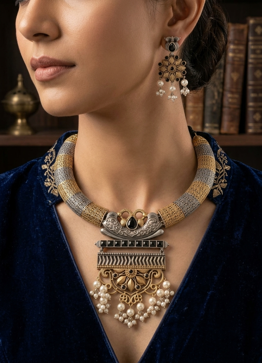 Antique Black Stone Statement Necklace Set