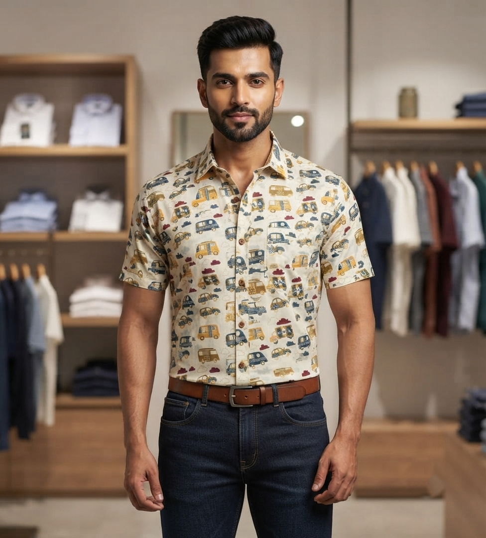 Men's White Vehicle Print Cotton Half Sleeve Shirt