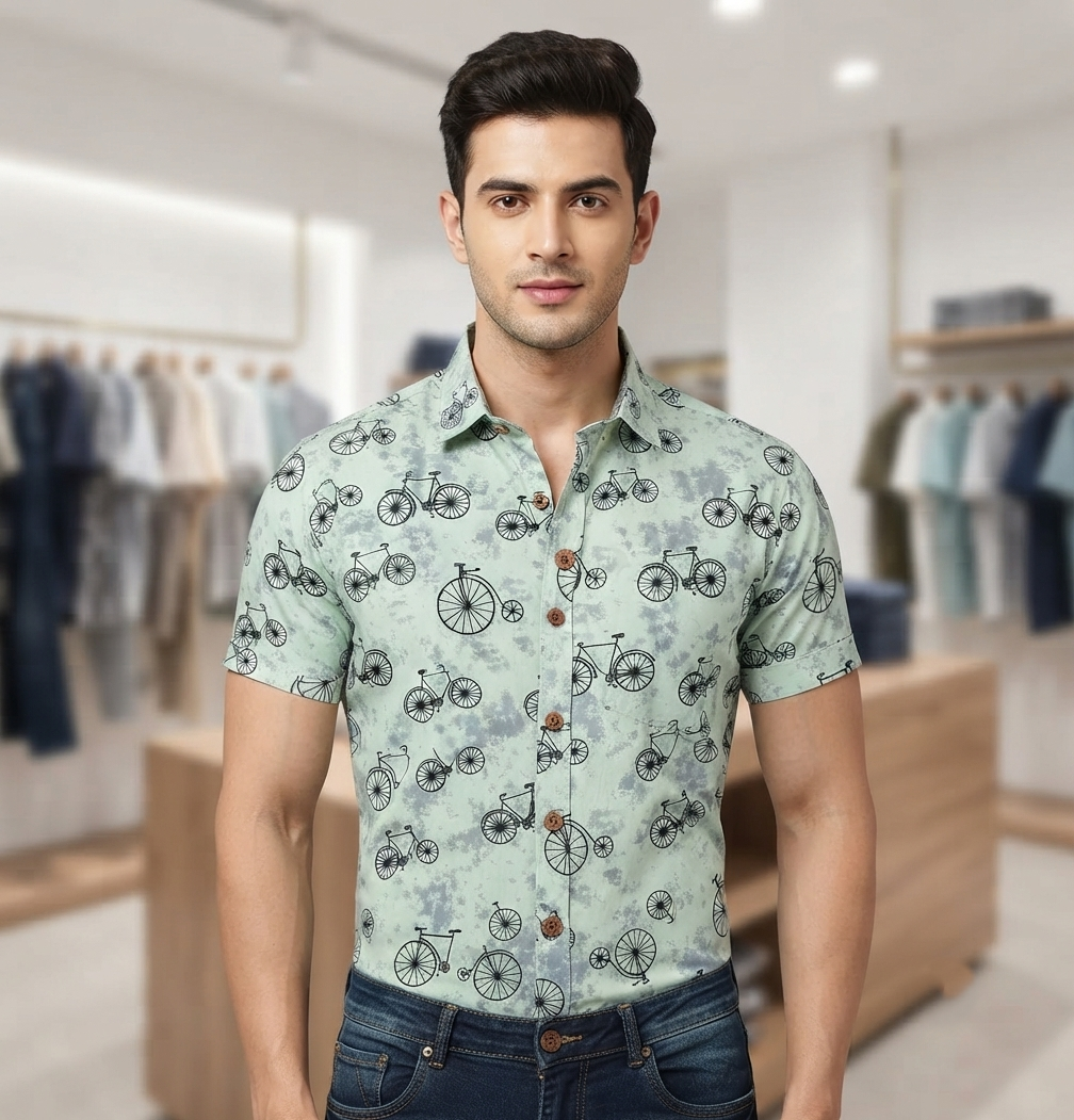 Mint Black Bicycle Print Cotton Shirt