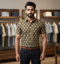 Men's Brown Cotton Printed Half Sleeve Shirt