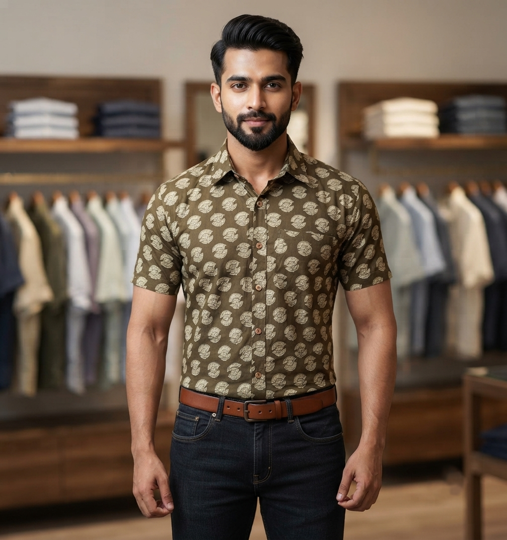 Men's Brown Cotton Printed Half Sleeve Shirt