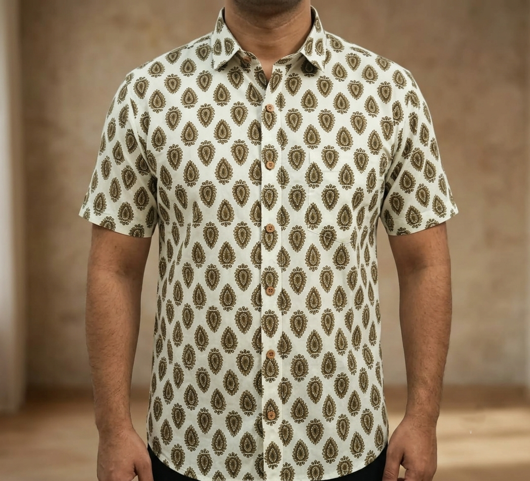 Men's Cotton Half Sleeve Printed Shirt – White & Brown Paisley