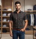 Men's Black Printed Cotton Half Sleeve Shirt