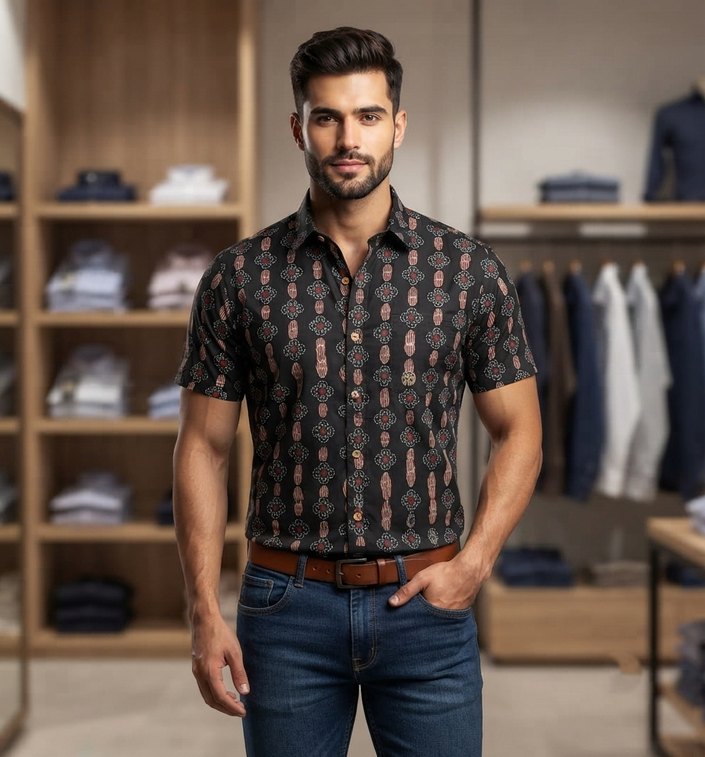 Men's Black Printed Cotton Half Sleeve Shirt