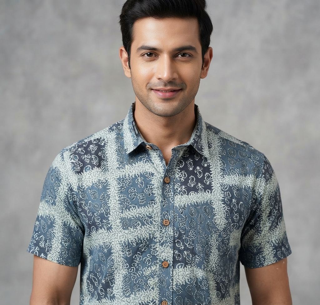 Men's Grey Printed Cotton Half Sleeve Shirt