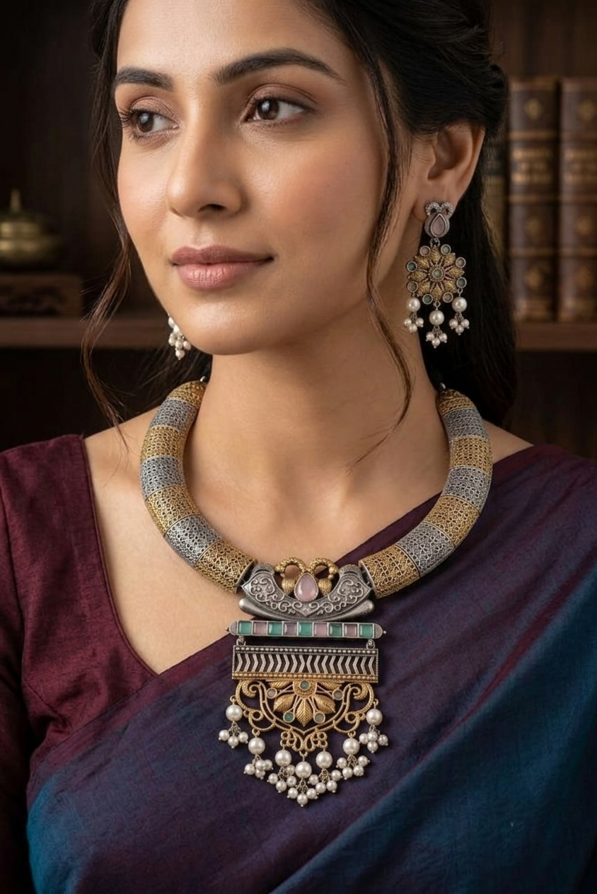 Antique Ethnic Statement Necklace Set with Earrings