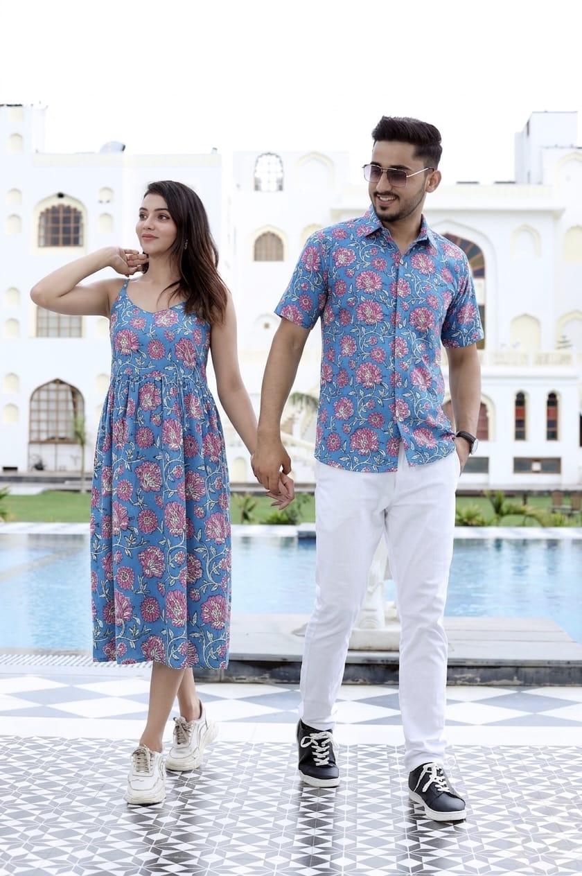 Couple Cotton Floral Printed Outfit Set – Sky Blue