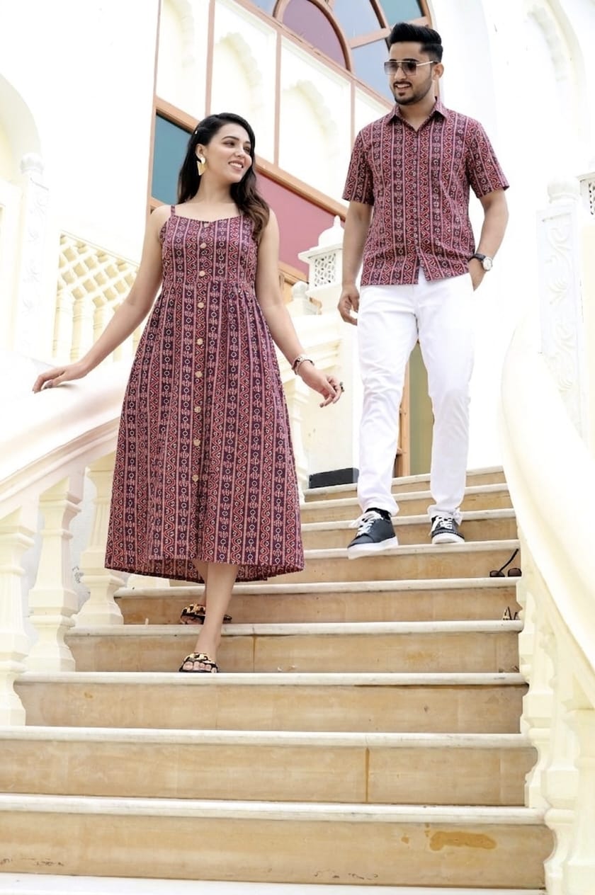 Couple Cotton Ethnic Printed Outfit Set – Maroon