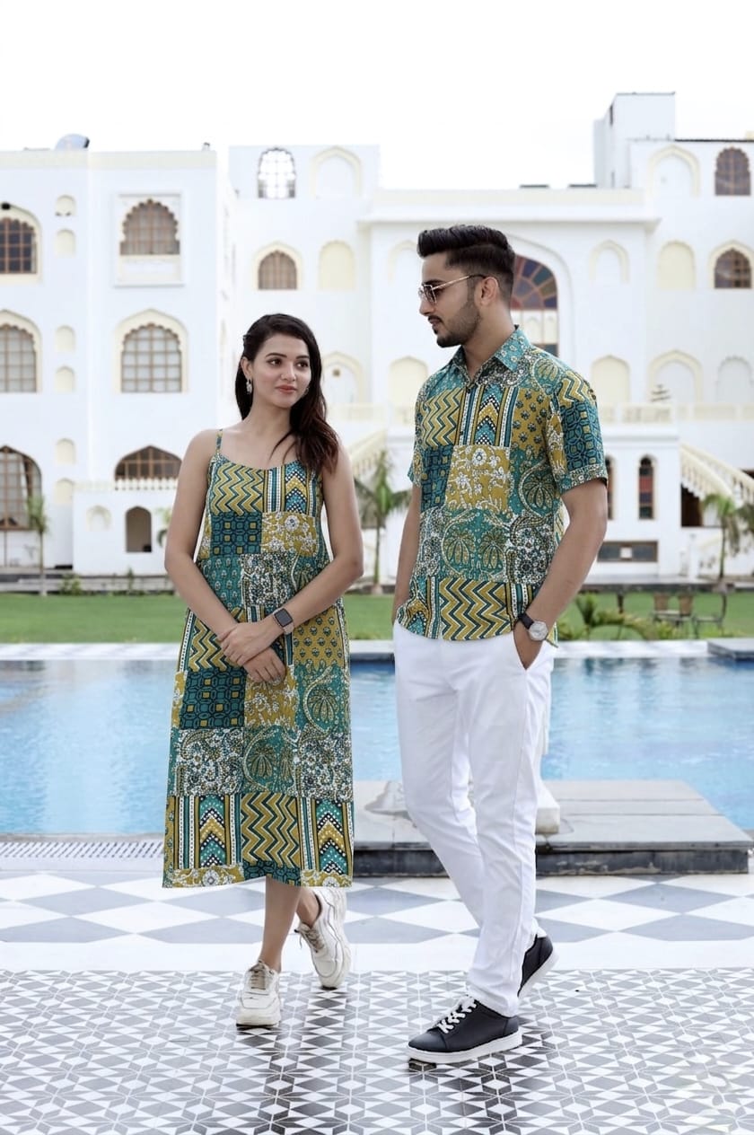 Couple Cotton Patchwork Printed Outfit Set – Green