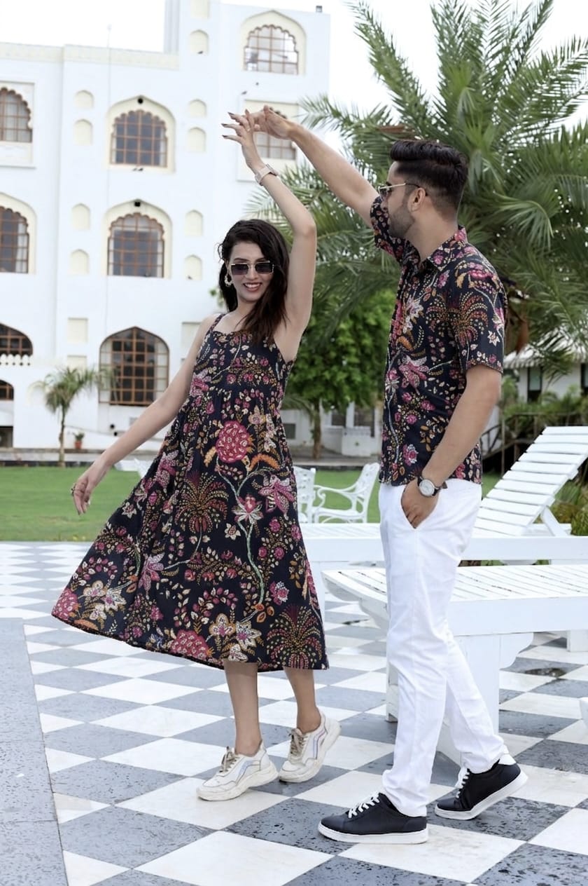 Couple Cotton Floral Printed Outfit Set – Black