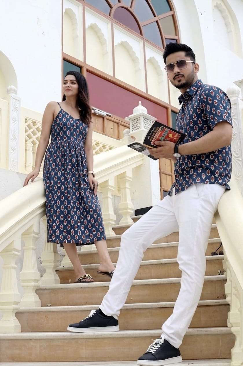 Couple Cotton Printed Outfit Set – Navy Blue