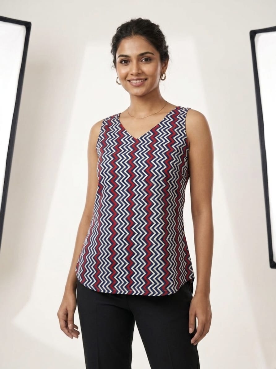 Women's Zigzag Printed Cotton Sleeveless Top – Multicolor