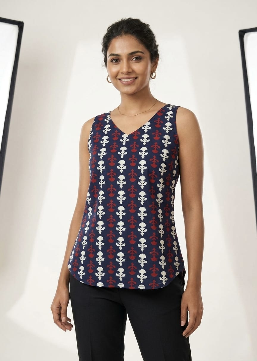 Women's Ethnic Printed Cotton Sleeveless Top – Navy Blue