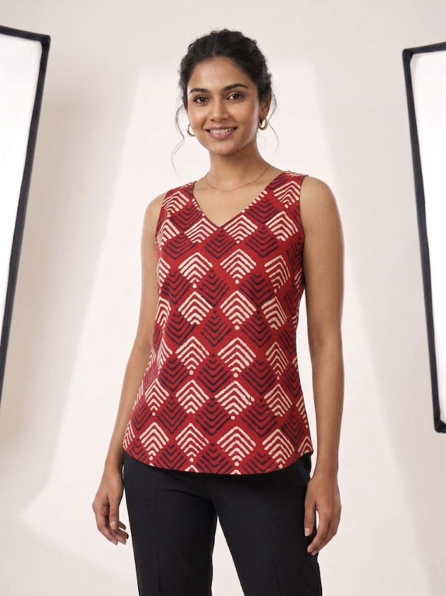 Women's Geometric Printed Cotton Sleeveless Top – Maroon