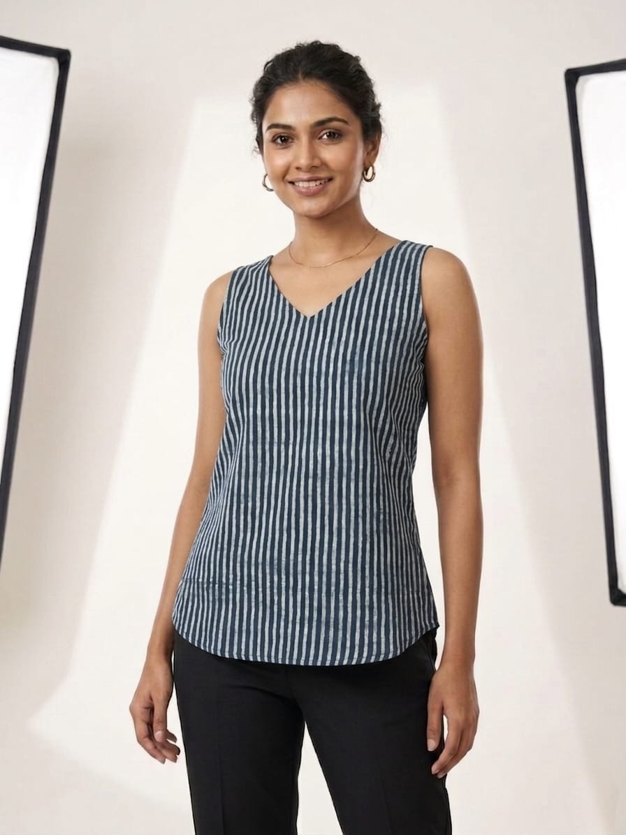 Women's Striped Cotton Sleeveless Top – Blue