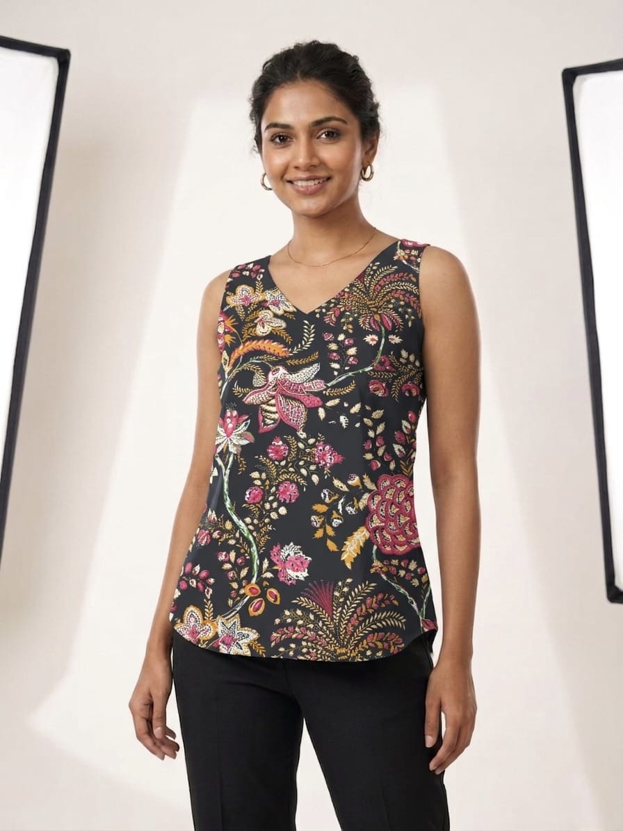 Women's Floral Printed Cotton Sleeveless Top – Black