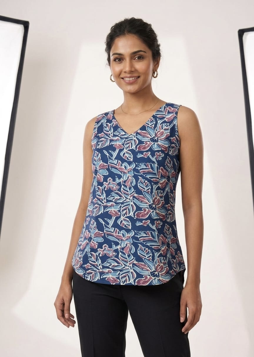 Women's Floral Printed Cotton Sleeveless Top – Blue