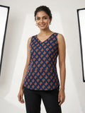 Women's Floral Printed Cotton Sleeveless Top – Navy Blue