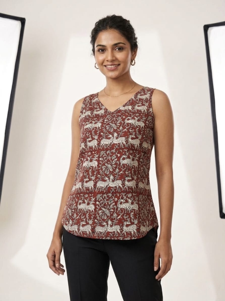 Women's Deer Printed Cotton Sleeveless Top – Maroon