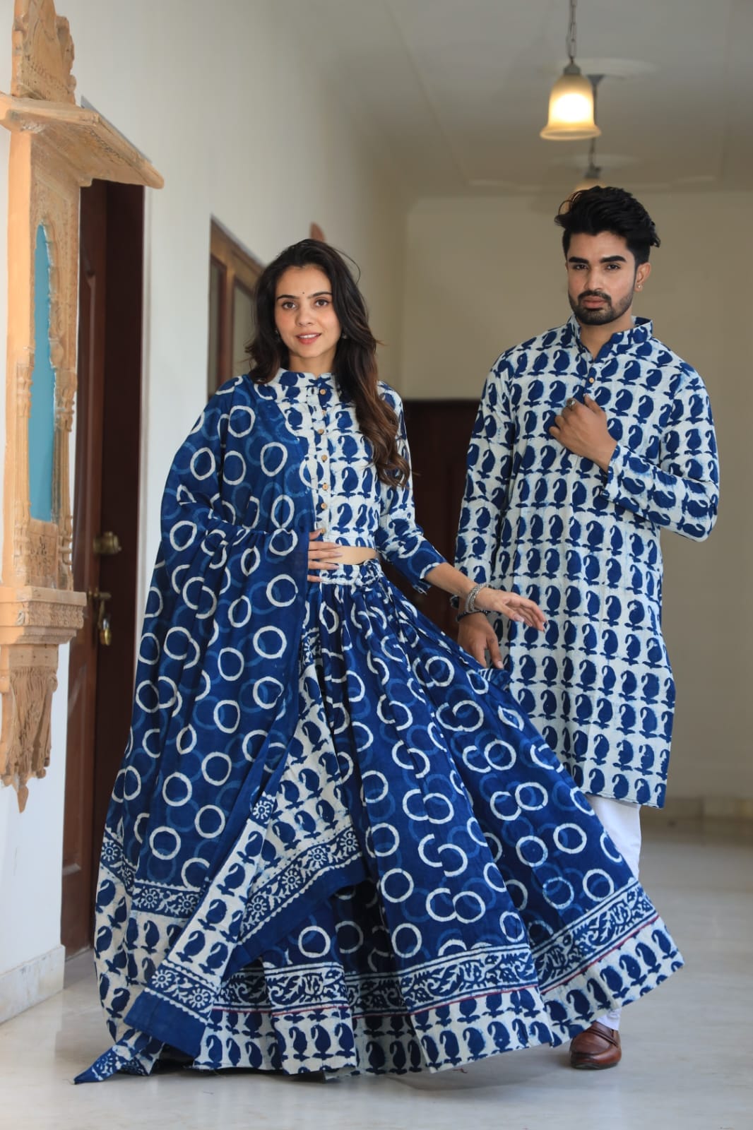 Couple Cotton Ethnic Kurta Set – Indigo Blue