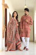 Couple Cotton Ethnic Kurta & Lehenga Set – Rust Orange