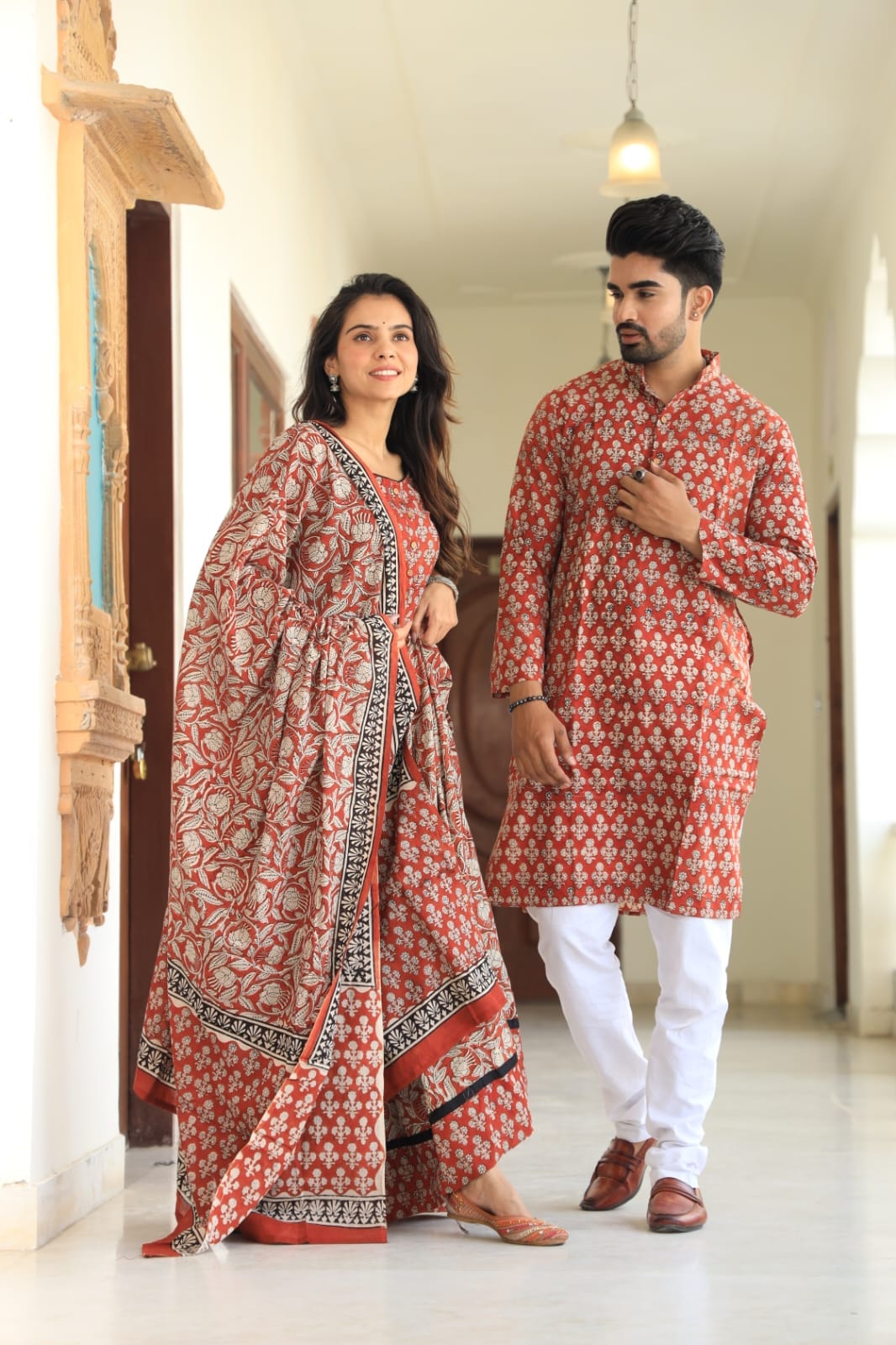 Couple Cotton Ethnic Kurta & Lehenga Set – Rust Orange