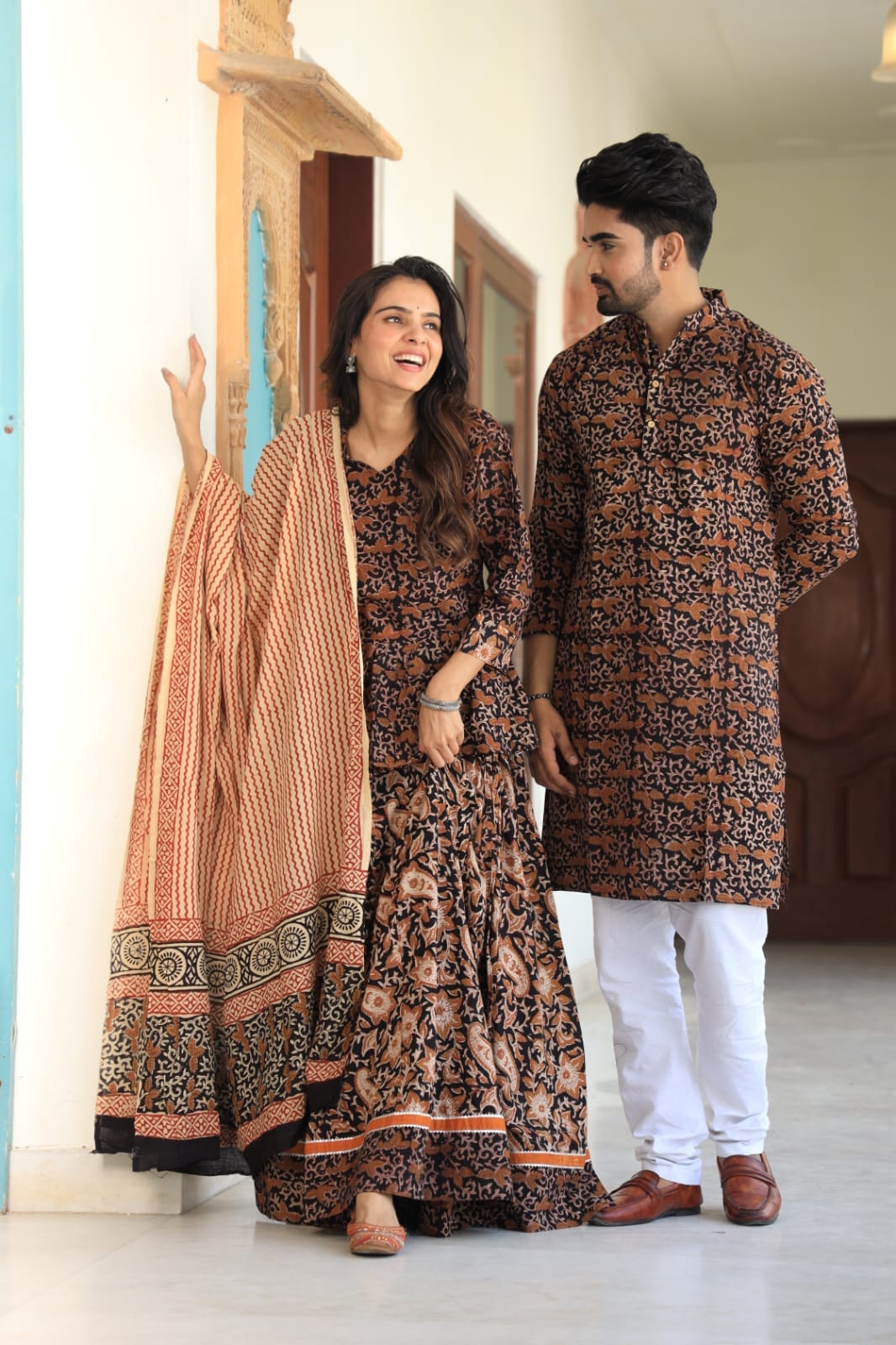Couple Cotton Ethnic Kurta Set – Brown & Black