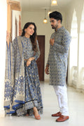 Couple Cotton Ethnic Kurta Set – Blue & White