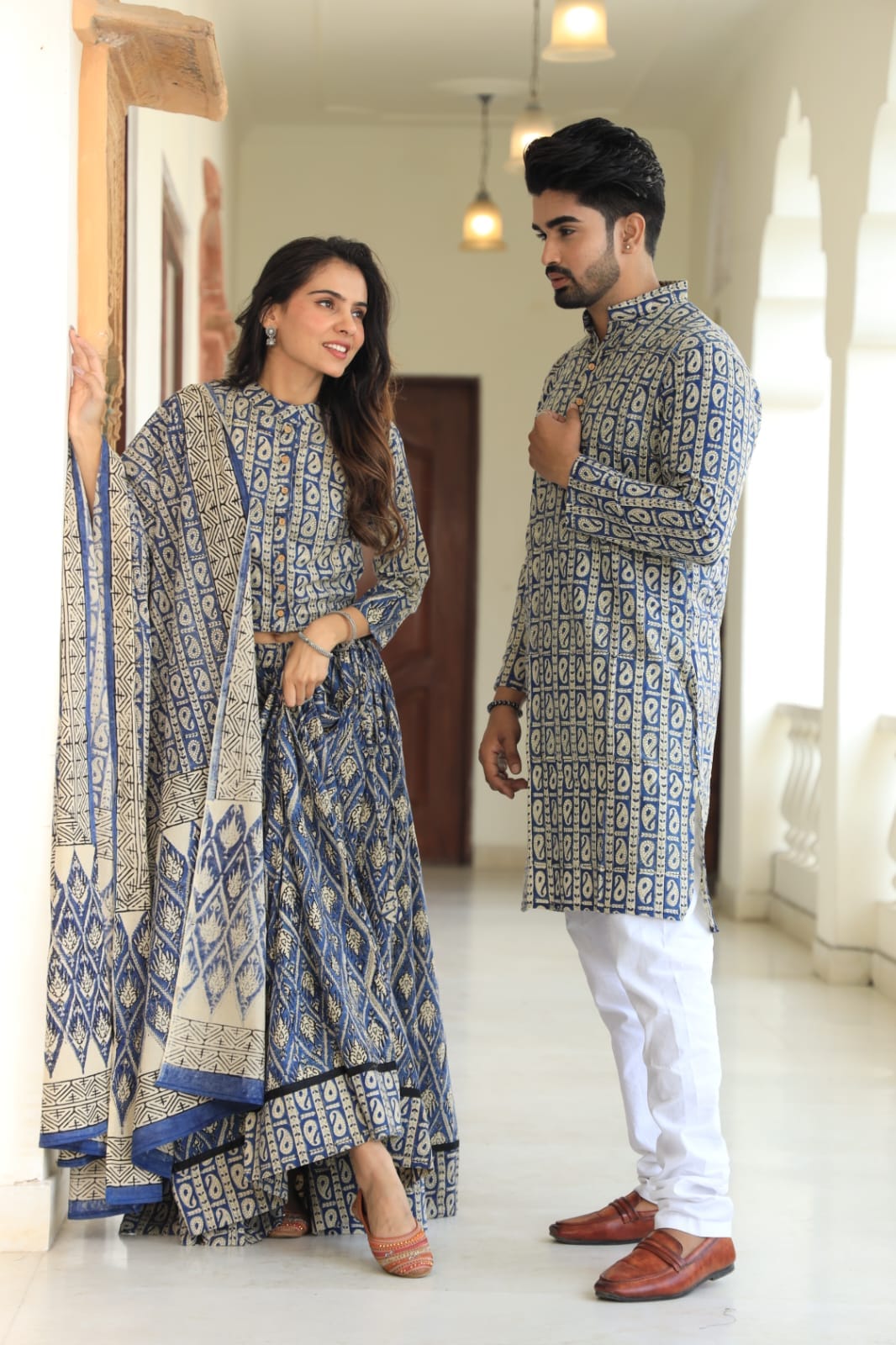 Couple Cotton Ethnic Kurta Set – Blue & White