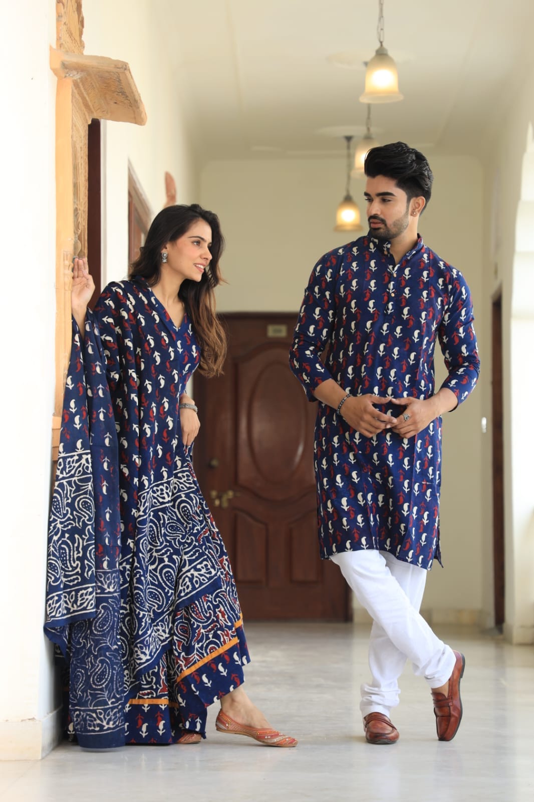 Couple Cotton Ethnic Kurta Set – Navy Blue