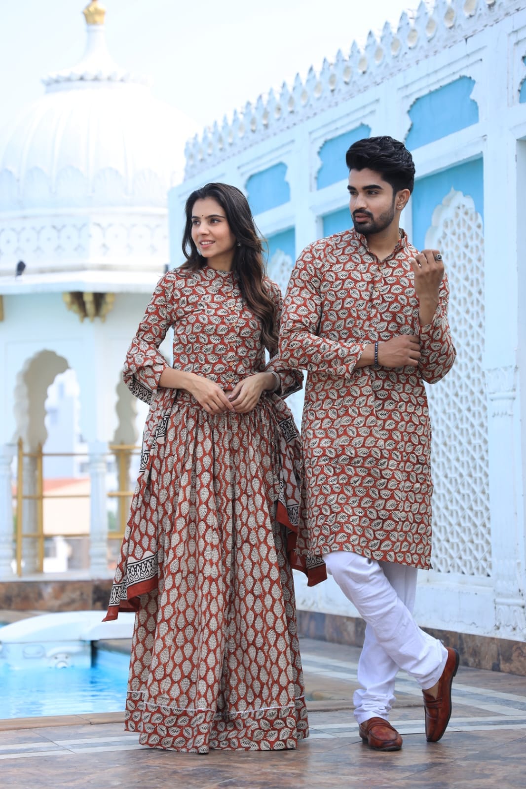 Couple Cotton Ethnic Kurta Set – Rust Orange