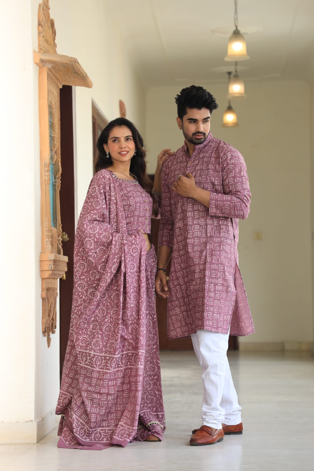 Couple Cotton Ethnic Kurta Set – Mauve Pink
