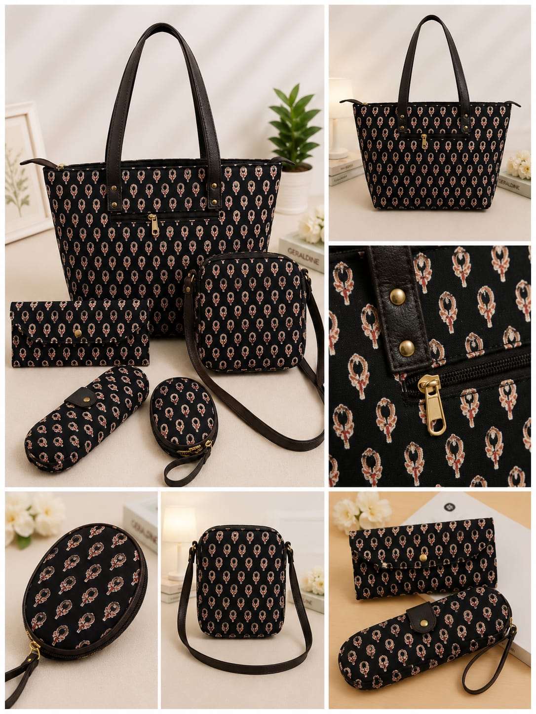 Elegant Black Printed Handbag Combo Set