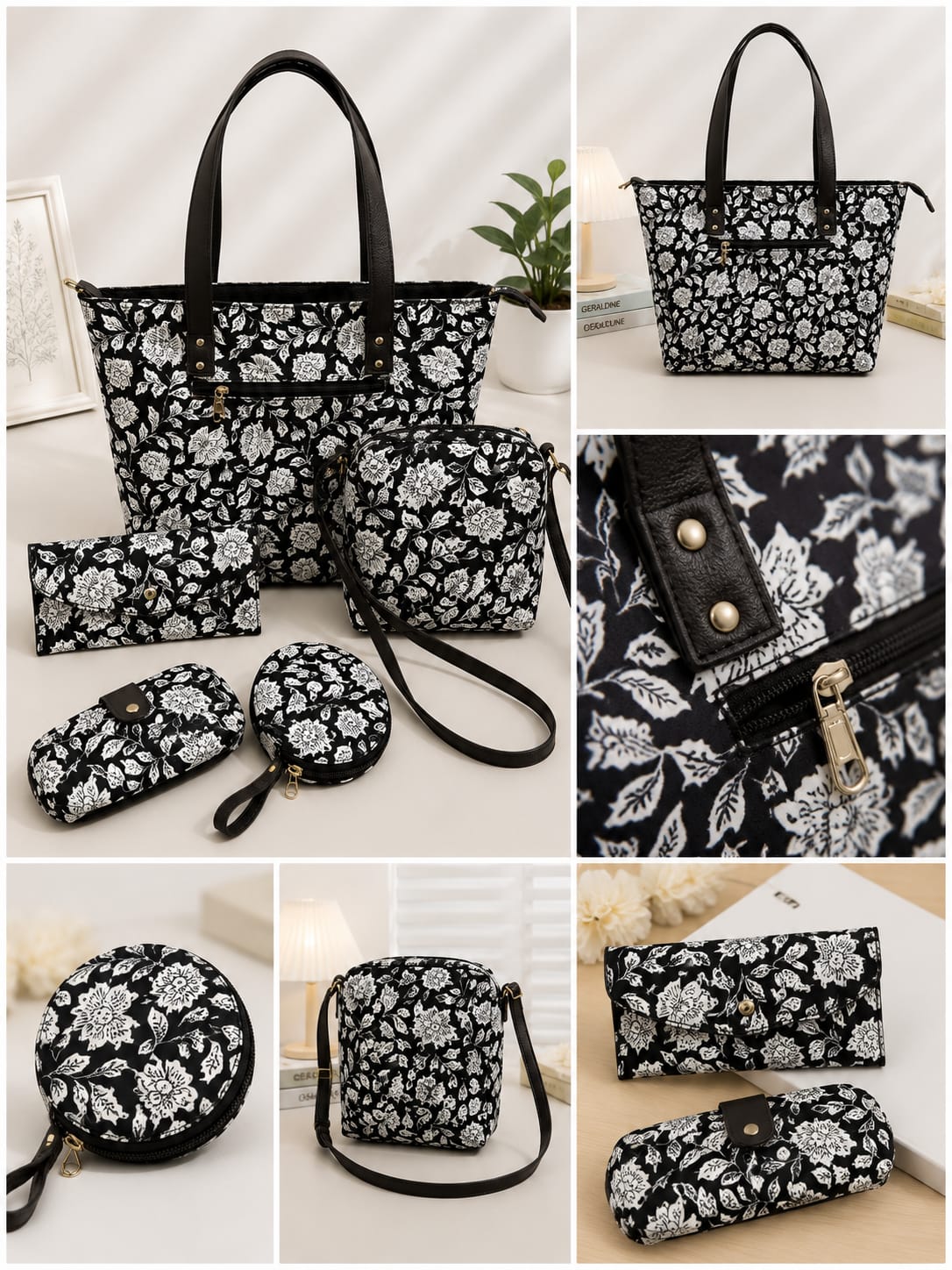 Black Floral Handbag Combo Set