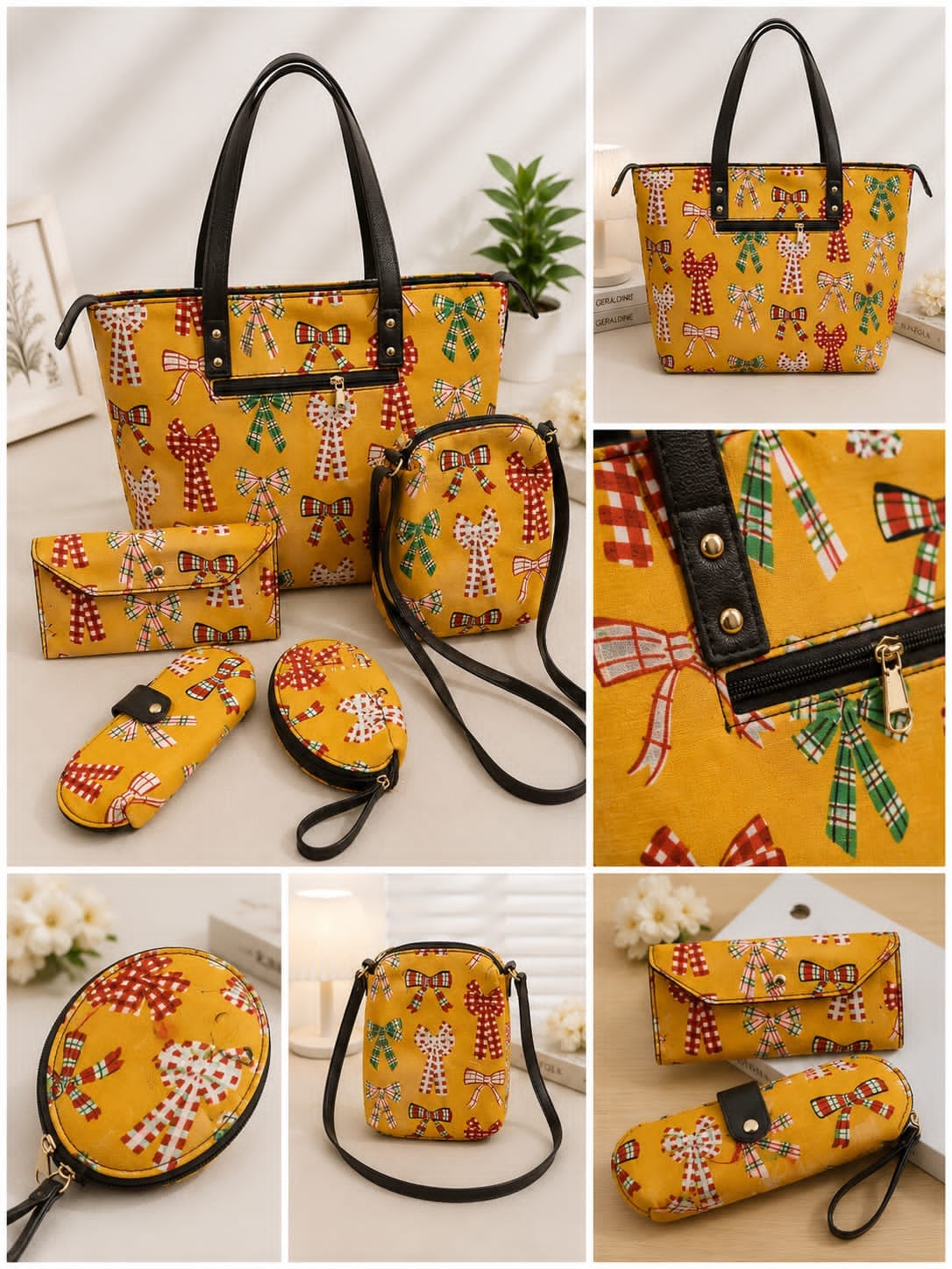 Yellow Bow Print Handbag Combo Set